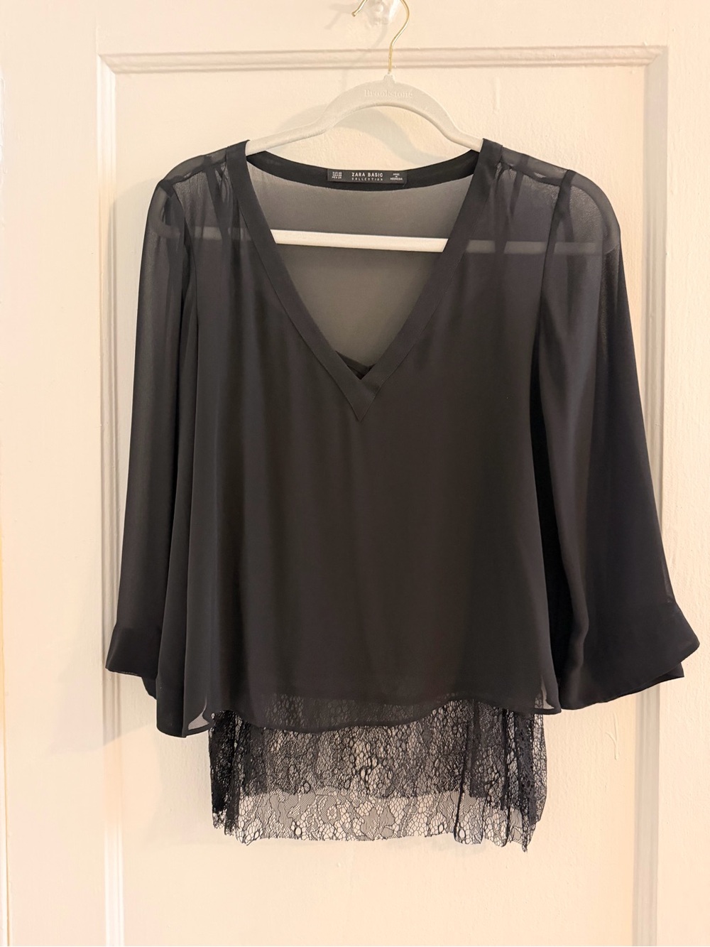 IC COLLECTION Black Sheer V-Neck Blouse with Lace Hem